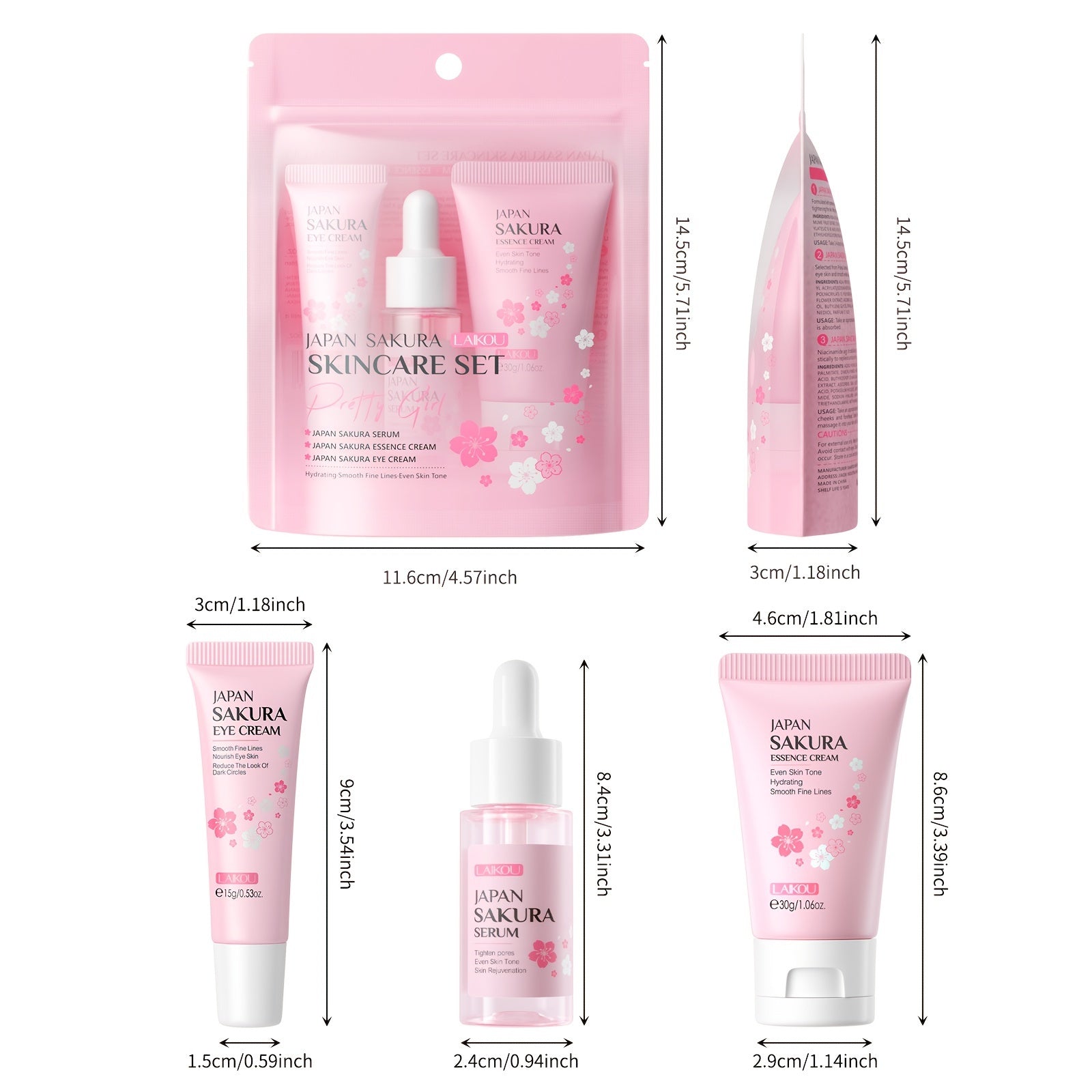 3pcs Set LAIKOU Japanese Cherry Blossom Skin Care Set 3 Piece Serum Liquid Eye Cream Face Cream Skin Care Kit Gifts