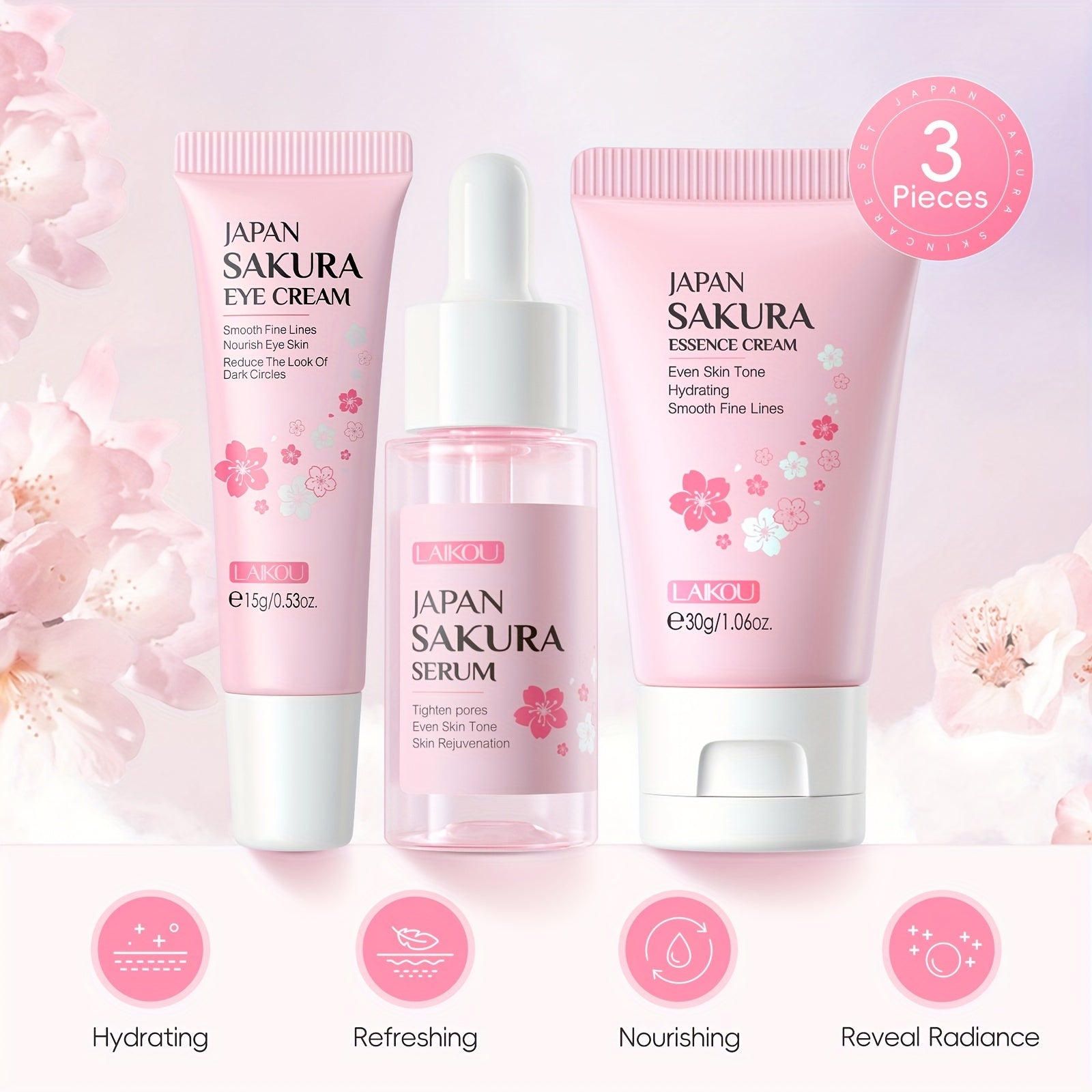 3pcs Set LAIKOU Japanese Cherry Blossom Skin Care Set 3 Piece Serum Liquid Eye Cream Face Cream Skin Care Kit Gifts