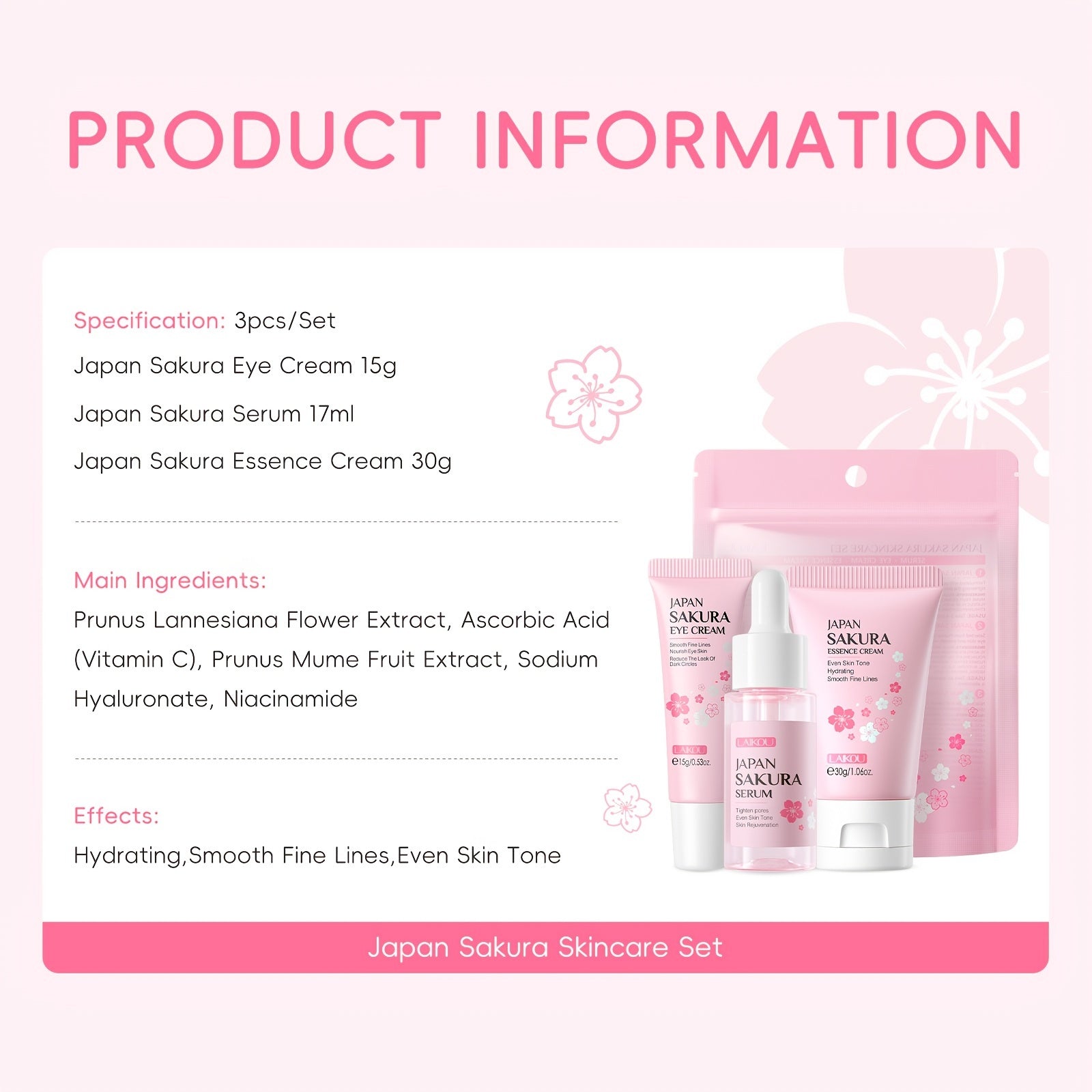 3pcs Set LAIKOU Japanese Cherry Blossom Skin Care Set 3 Piece Serum Liquid Eye Cream Face Cream Skin Care Kit Gifts