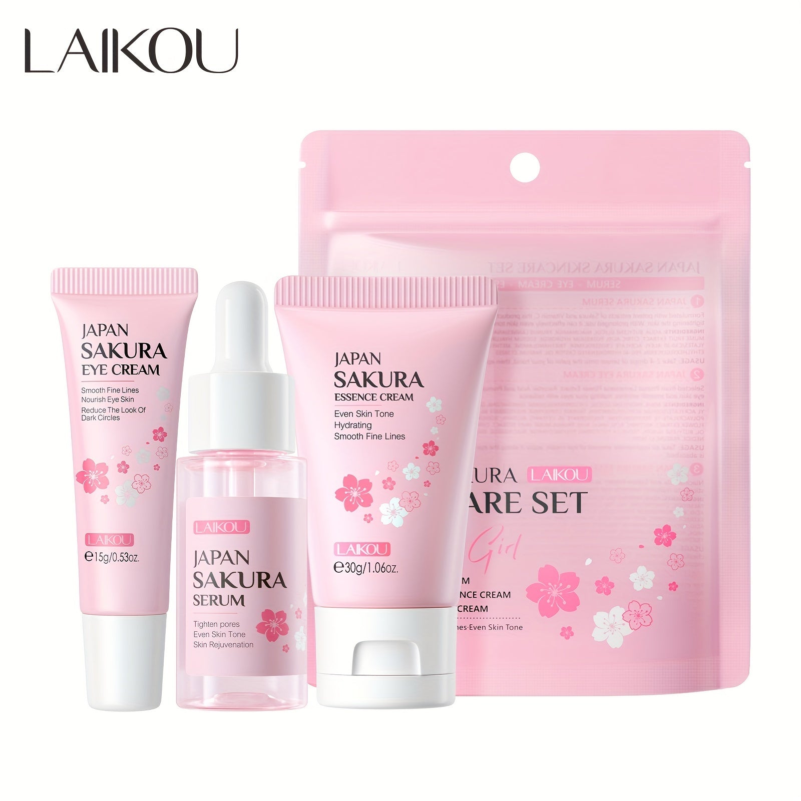 3pcs Set LAIKOU Japanese Cherry Blossom Skin Care Set 3 Piece Serum Liquid Eye Cream Face Cream Skin Care Kit Gifts