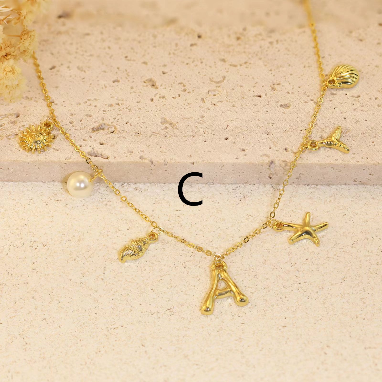 Collier 26 lettres en bambou, coquillage étoile de mer